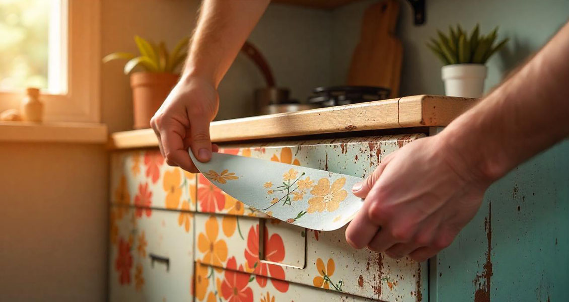 Renovate old metal cabinets with patterned cabinet stickers
